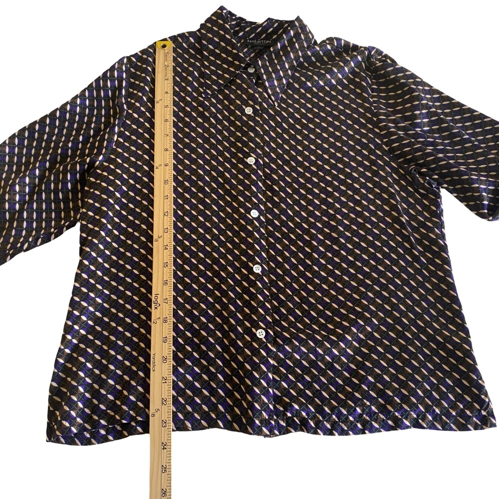Halston Lifestyle Womens 14 Purple Brown Geometric 100% Silk Button Front Blouse - Picture 8 of 8